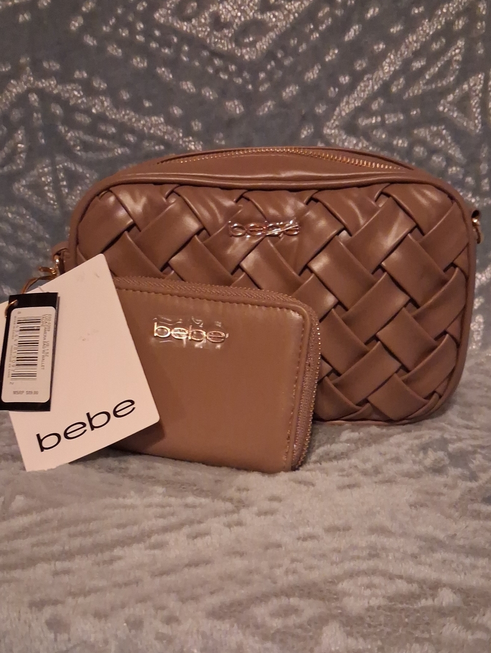 bebe Taupe Woven Crossbody Bag with Matching Taupe Zip Wallet